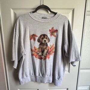 Vintage Women's Large Fall Puppy Sweatshirt Leaves Gray Cut Cropped Sleeve